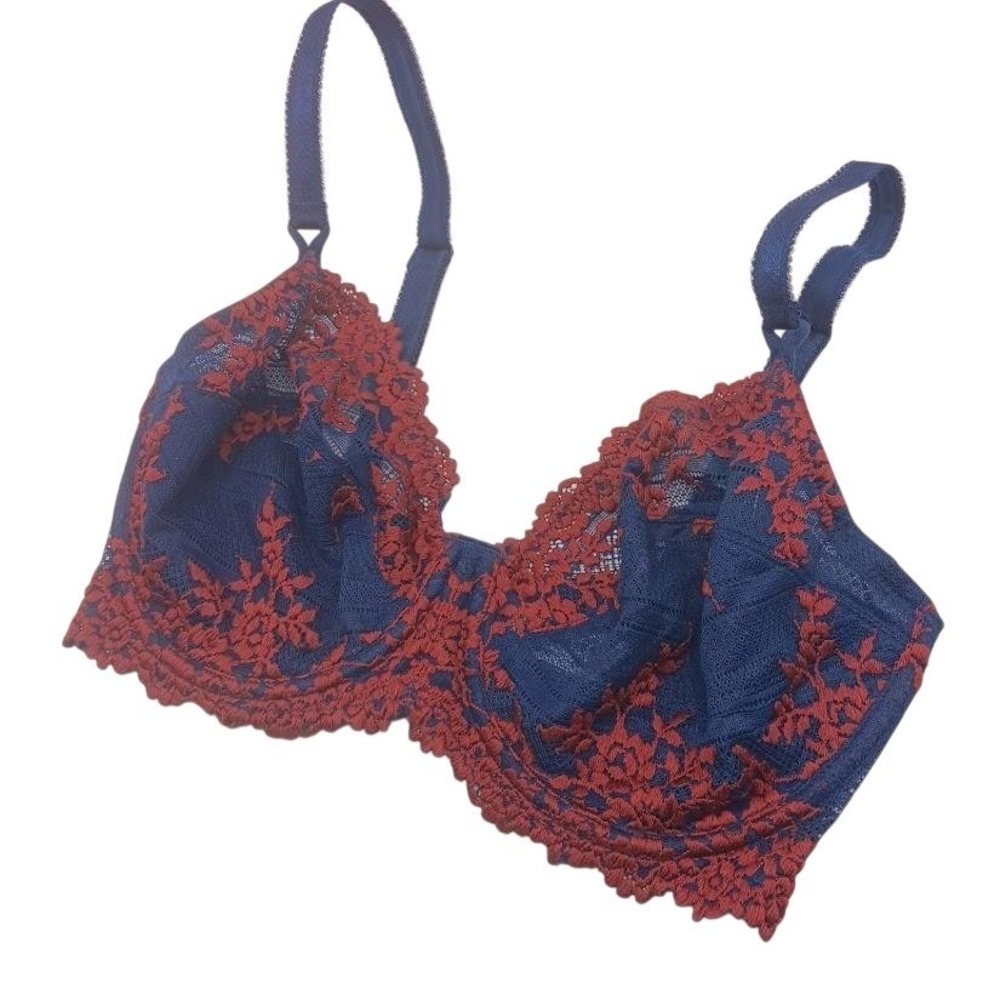 Wacoal Bra Womens 34DD Blue Lace Balconette Underwire Floral Unlined Sheer